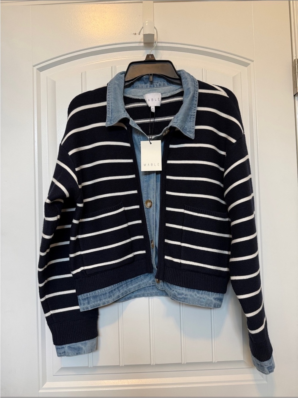 MABLE Navy and White Striped Knit Jean-Trim Jacket - Picture 3 of 8